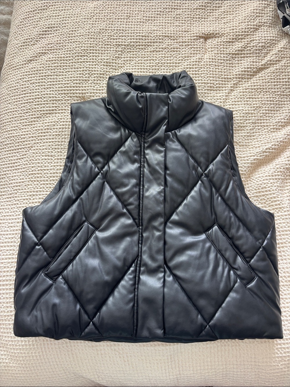 Love Tree Black Quilted Faux Leather Puffer Vest